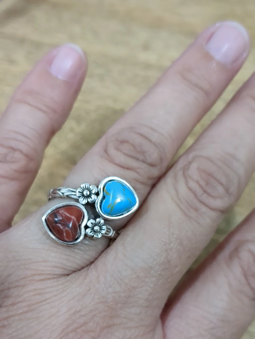 Silver Plated Heart Stone Double Ring - Turquoise Blue & Red Jasper